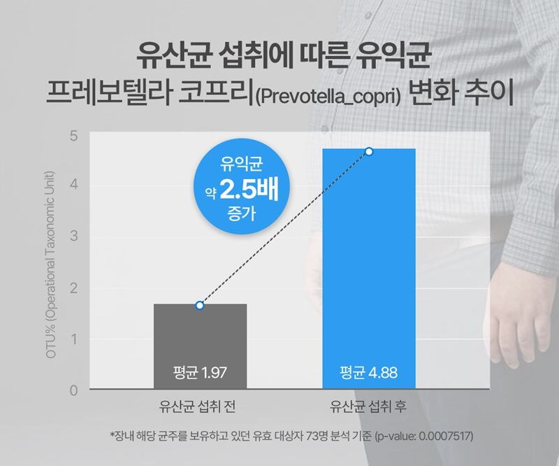 유산균 섭취 전후 장내 미생물 분석에 따른 프레보텔라 코프리(Prevotella copri) 변화 추이 그래프 (유투바이옴 제공)